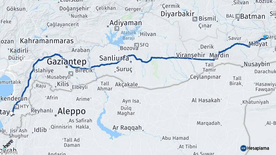 Mardin Dargeçit Hatay Arası Kaç Km - Yol Haritası