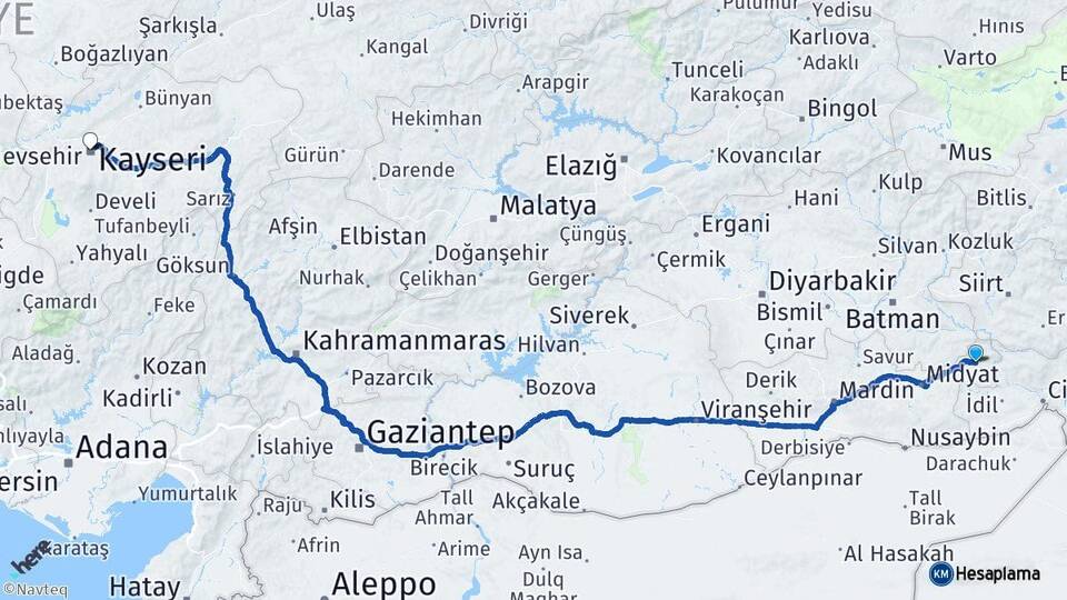 Mardin Dargeçit Kayseri Arası Kaç Km - Yol Haritası
