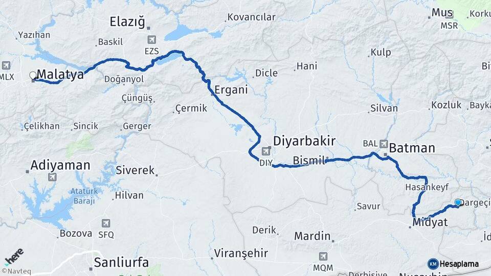 Mardin Dargeçit Malatya Arası Kaç Km - Yol Haritası