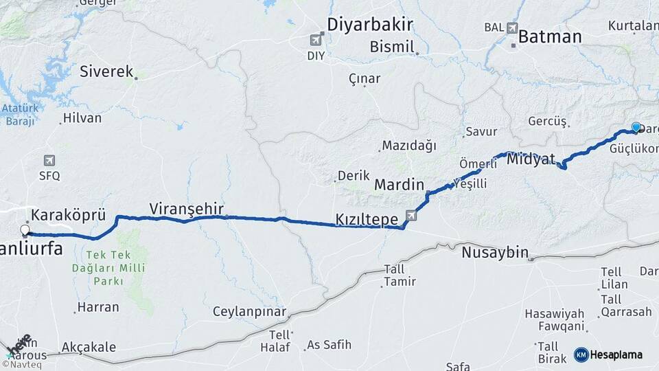 Mardin Dargeçit Şanlıurfa Arası Kaç Km - Yol Haritası