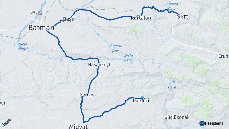 Mardin Dargeçit Siirt Arası Kaç Km - Yol Haritası
