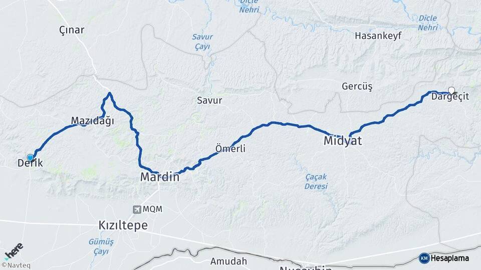 Mardin Derik Dargeçit Arası Kaç Km - Yol Haritası