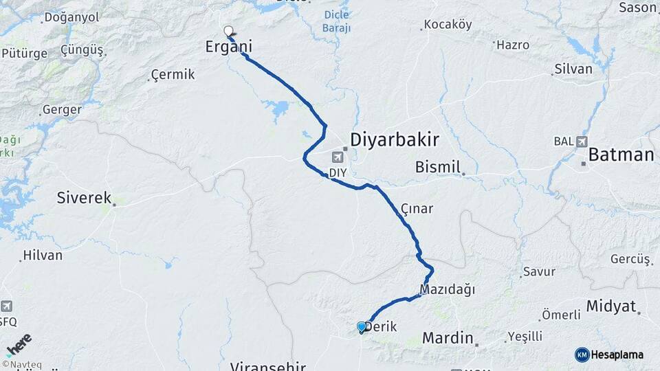 Mardin Derik Ergani Diyarbakır Arası Kaç Km - Yol Haritası
