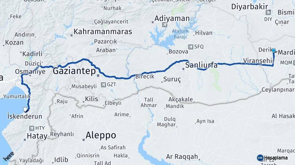 Mardin Derik İskenderun Hatay Arası Kaç Km - Yol Haritası