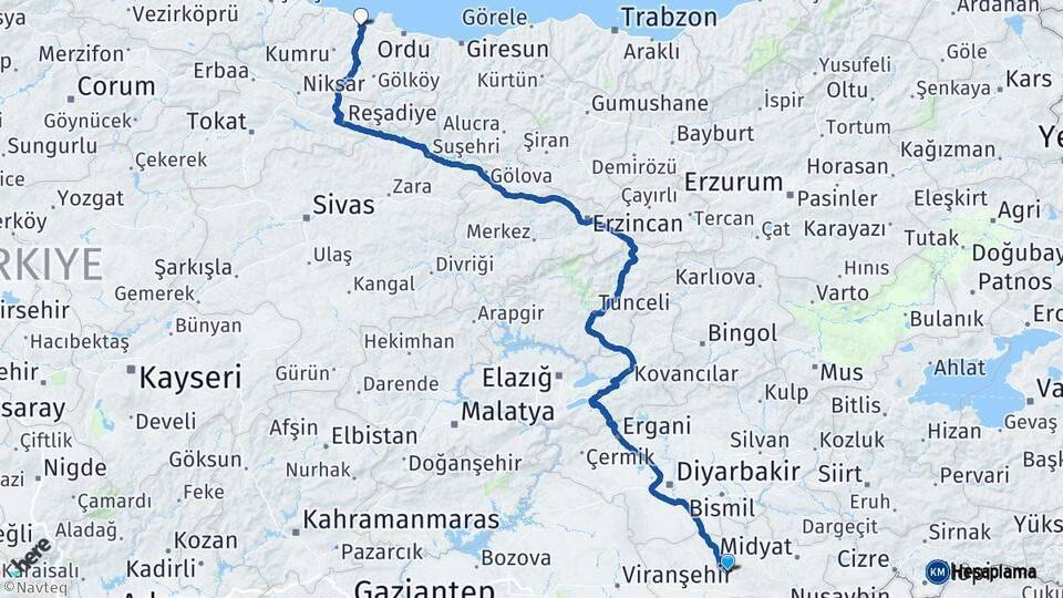 Mardin Fatsa Ordu Arası Kaç Km - Yol Haritası