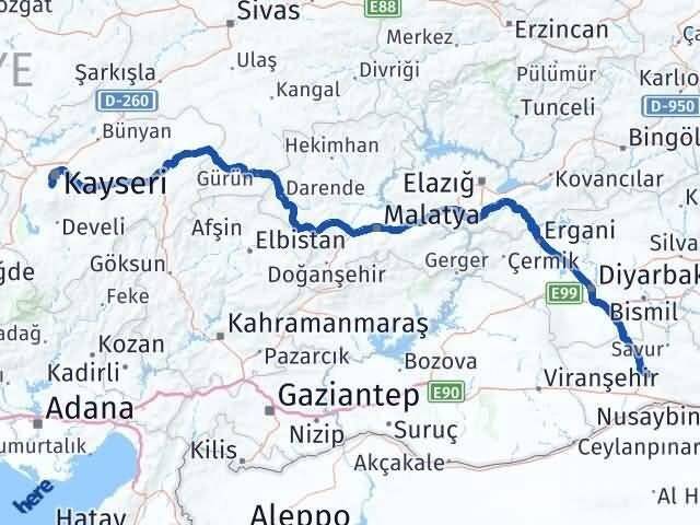 Mardin Hacılar Kayseri Arası Kaç Km - Yol Haritası