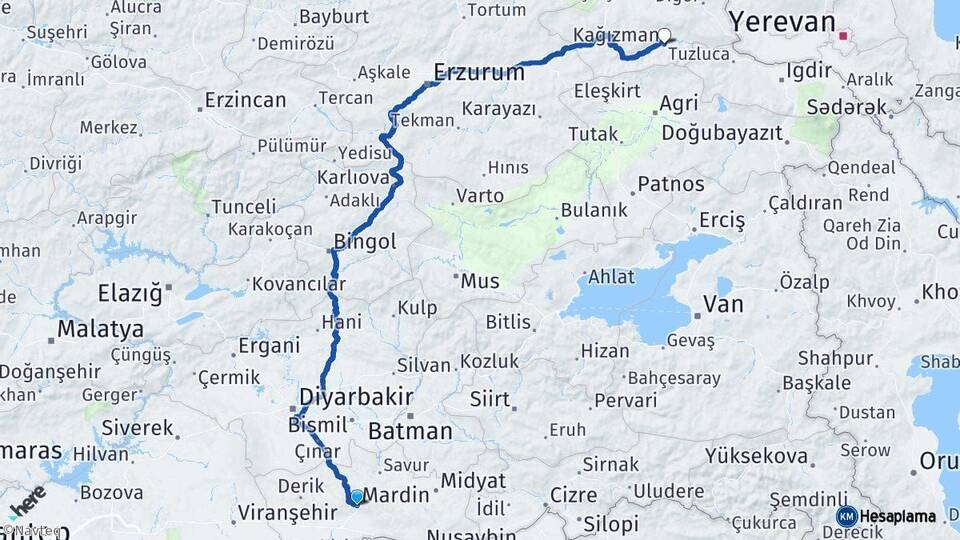 Mardin Kağızman Kars Arası Kaç Km - Yol Haritası