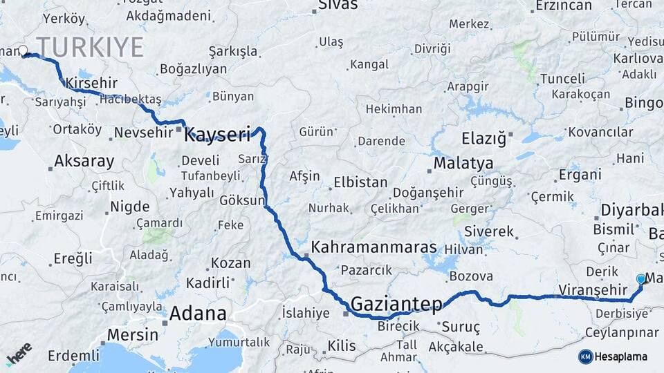 Mardin Kaman Kırşehir Arası Kaç Km - Yol Haritası