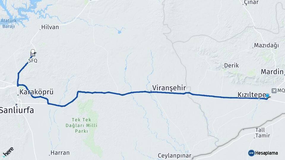 Mardin Kızıltepe Ş.Urfa GAP Havalimanı Arası Kaç Km - Yol Haritası