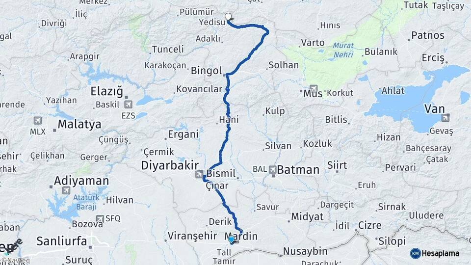 Mardin Kızıltepe Yedisu Bingöl Arası Kaç Km - Yol Haritası
