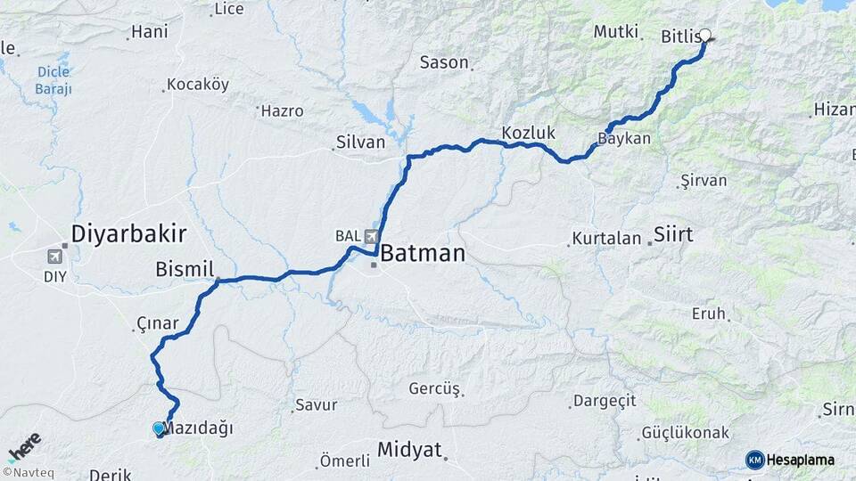 Mardin Mazıdağı Bitlis Arası Kaç Km - Yol Haritası