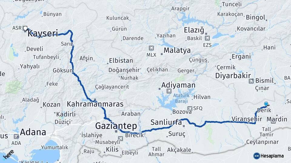 Mardin Mazıdağı Kayseri Arası Kaç Km - Yol Haritası