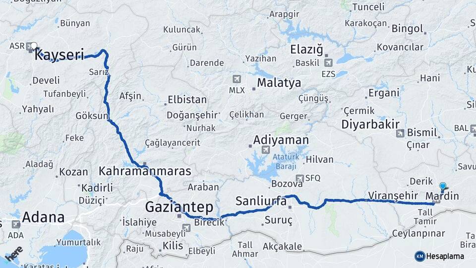 Mardin Melikgazi Kayseri Arası Kaç Km - Yol Haritası