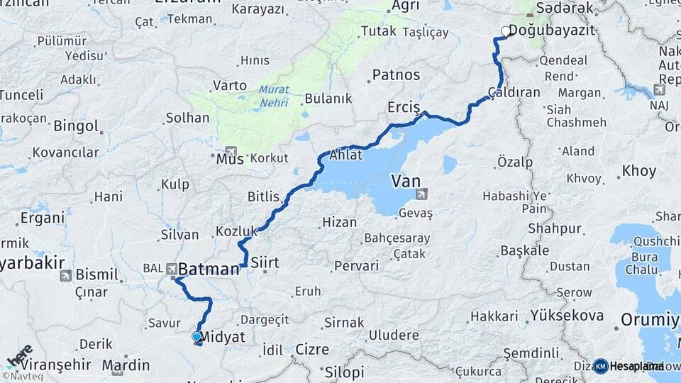 Mardin Midyat Doğubayazıt Ağrı Arası Kaç Km - Yol Haritası