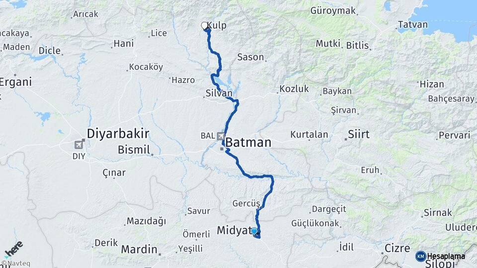 Mardin Midyat Kulp Diyarbakır Arası Kaç Km - Yol Haritası