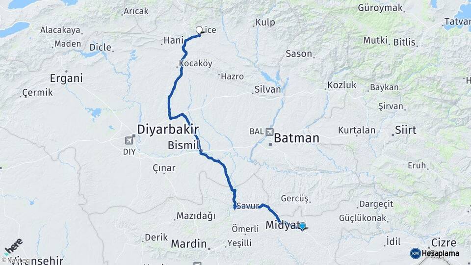 Mardin Midyat Lice Diyarbakır Arası Kaç Km - Yol Haritası