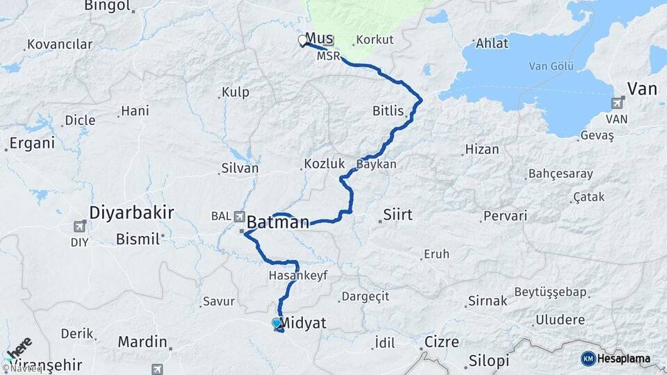 Mardin Midyat Muş Arası Kaç Km - Yol Haritası