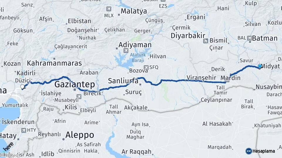 Mardin Midyat Osmaniye Arası Kaç Km - Yol Haritası