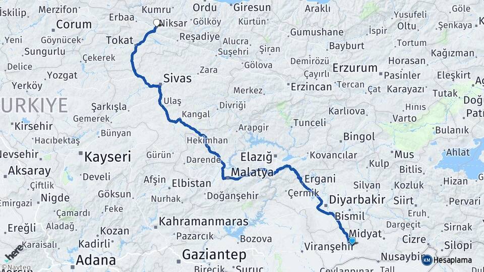 Mardin Niksar Tokat Arası Kaç Km - Yol Haritası
