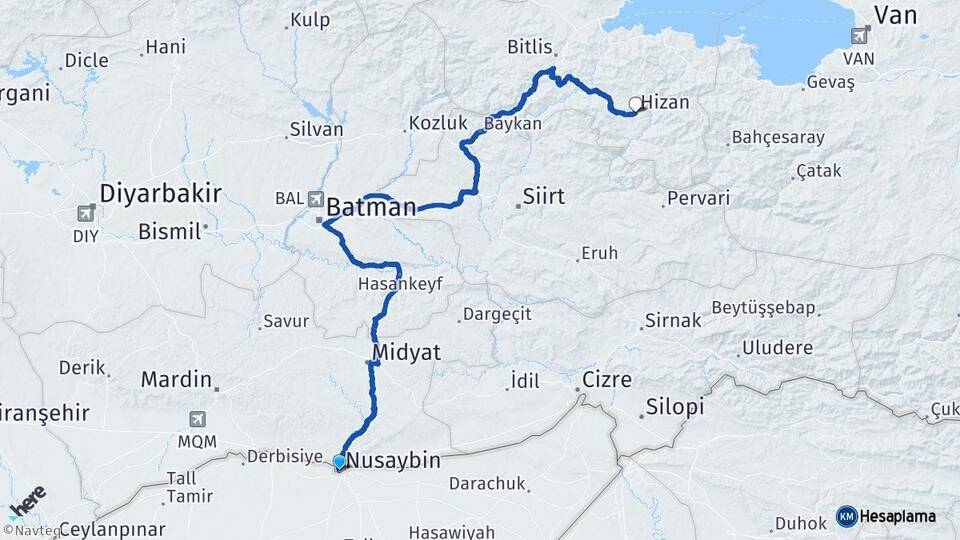 Mardin Nusaybin Hizan Bitlis Arası Kaç Km - Yol Haritası