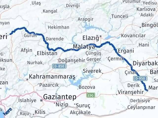 Mardin Pınarbaşı Kayseri Arası Kaç Km - Yol Haritası