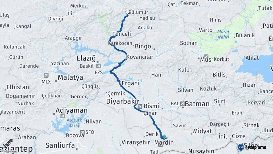 Mardin Pülümür Tunceli Arası Kaç Km - Yol Haritası