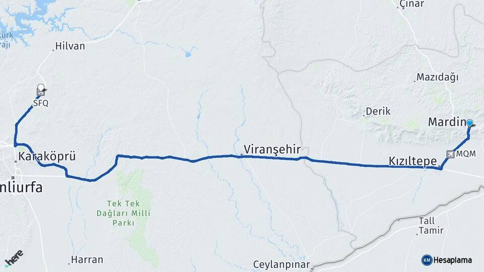Mardin Ş.Urfa GAP Havalimanı Arası Kaç Km - Yol Haritası