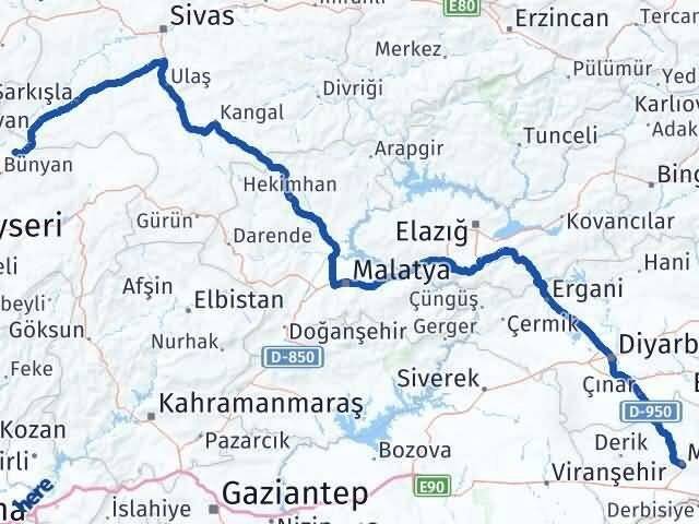 Mardin Sarıoğlan Kayseri Arası Kaç Km - Yol Haritası