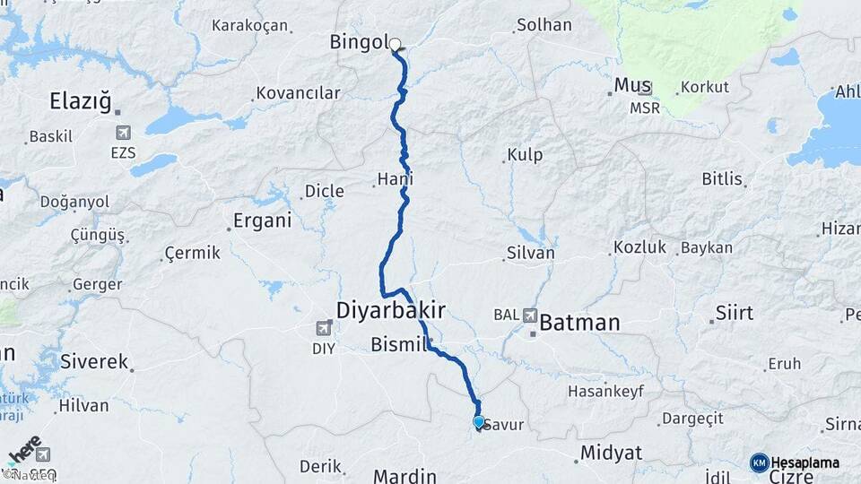 Mardin Savur Bingöl Arası Kaç Km - Yol Haritası