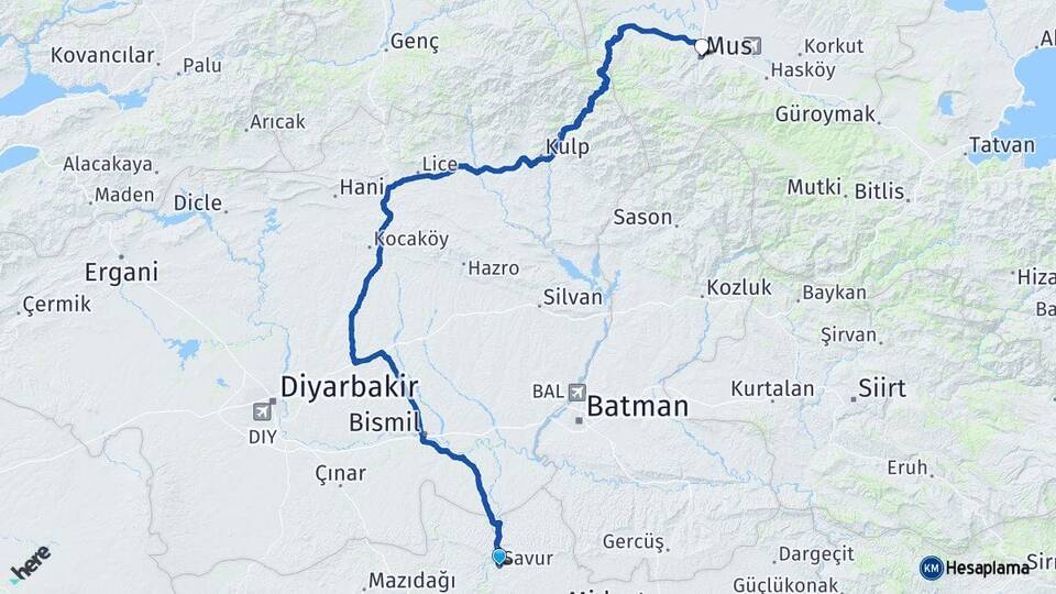 Mardin Savur Muş Arası Kaç Km - Yol Haritası