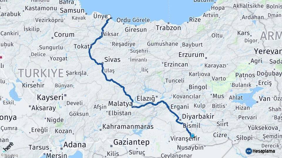 Mardin Ünye Ordu Arası Kaç Km - Yol Haritası