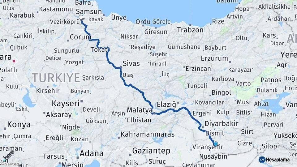 Mardin Vezirköprü Samsun Arası Kaç Km - Yol Haritası