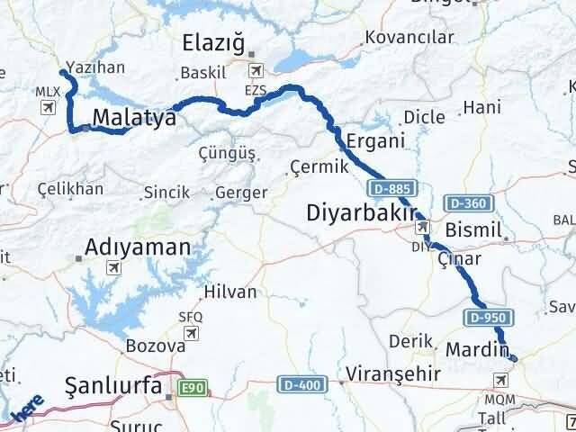 Mardin Yazıhan Malatya Arası Kaç Km - Yol Haritası