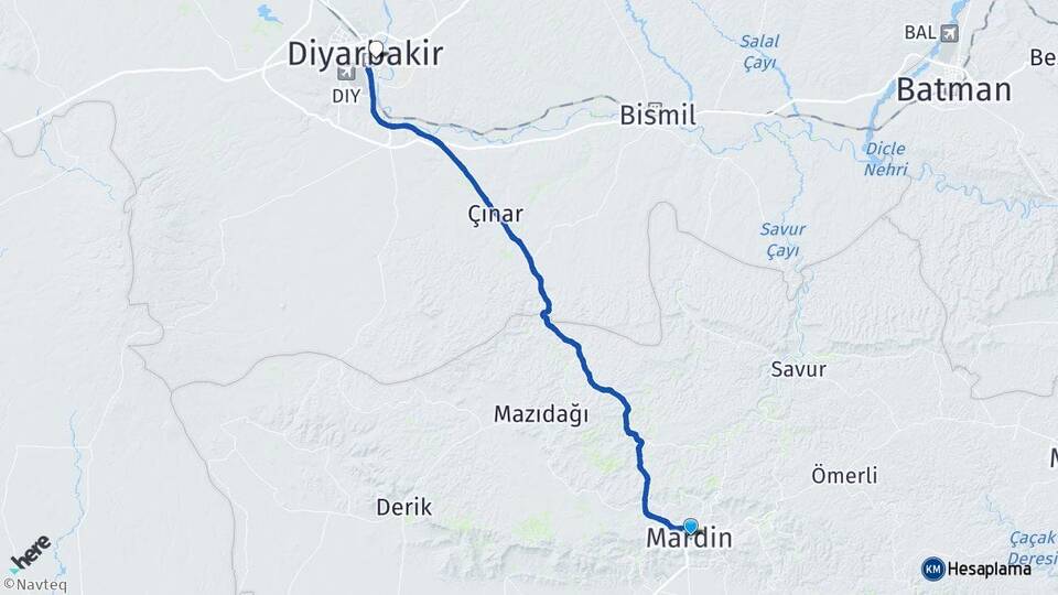 Mardin Yenişehir Diyarbakır Arası Kaç Km - Yol Haritası