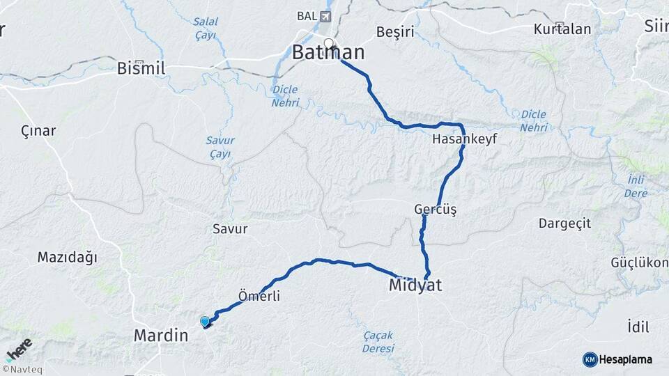 Mardin Yeşilli Batman Arası Kaç Km - Yol Haritası