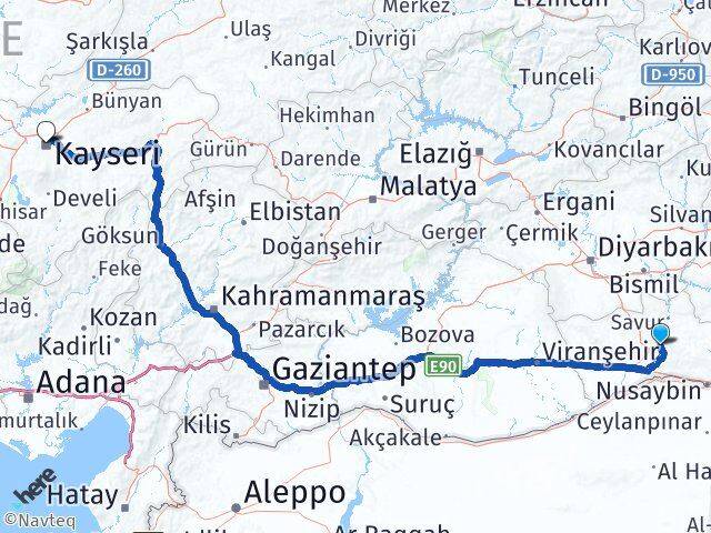 Mardin Yeşilli Kayseri Arası Kaç Km - Yol Haritası
