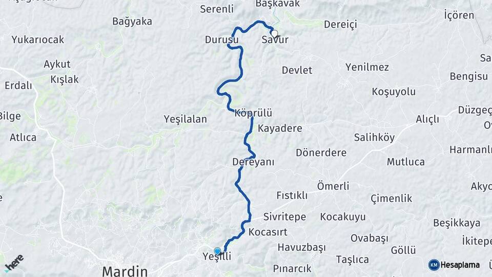 Mardin Yeşilli Savur Arası Kaç Km - Yol Haritası
