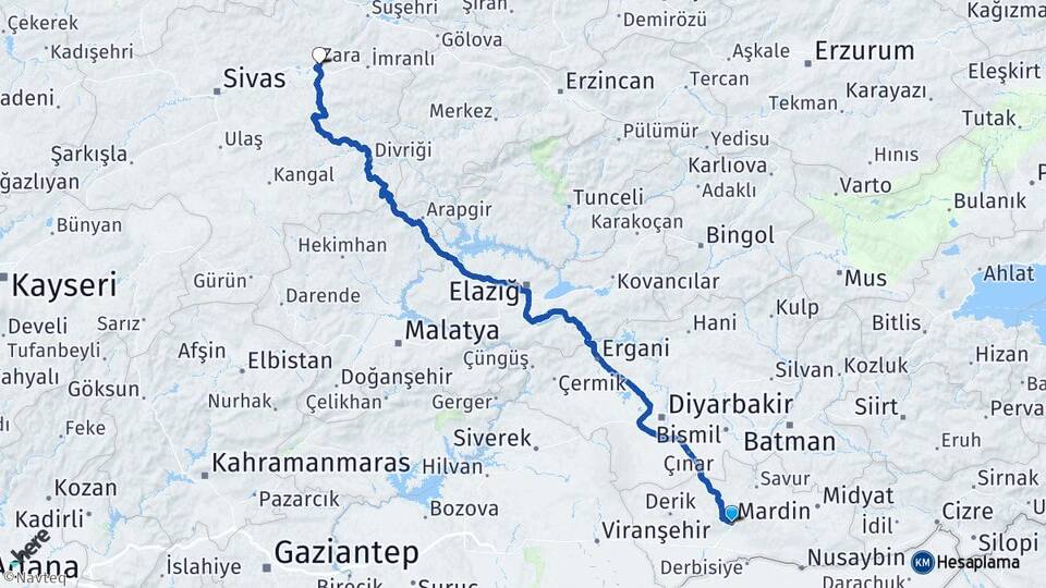 Mardin Zara Sivas Arası Kaç Km - Yol Haritası