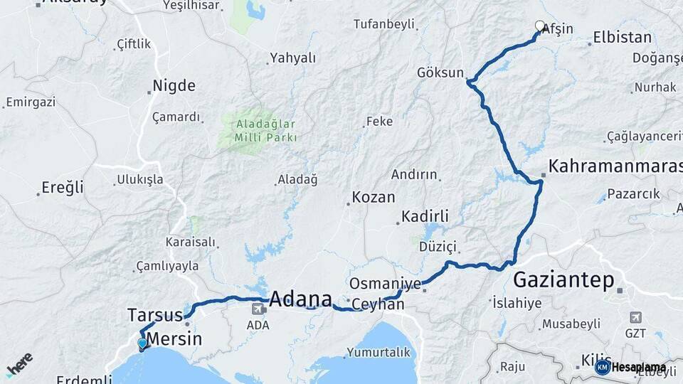 Mersin Afşin Kahramanmaraş Arası Kaç Km - Yol Haritası