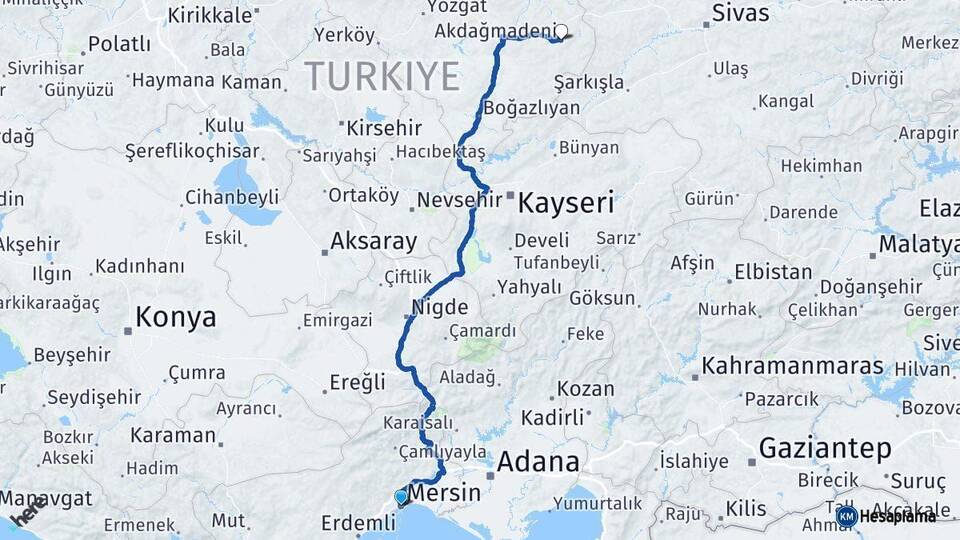 Mersin Akdağmadeni Yozgat Arası Kaç Km - Yol Haritası