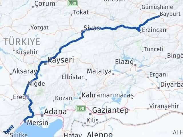 Mersin Akdeniz Bayburt Arası Kaç Km - Yol Haritası