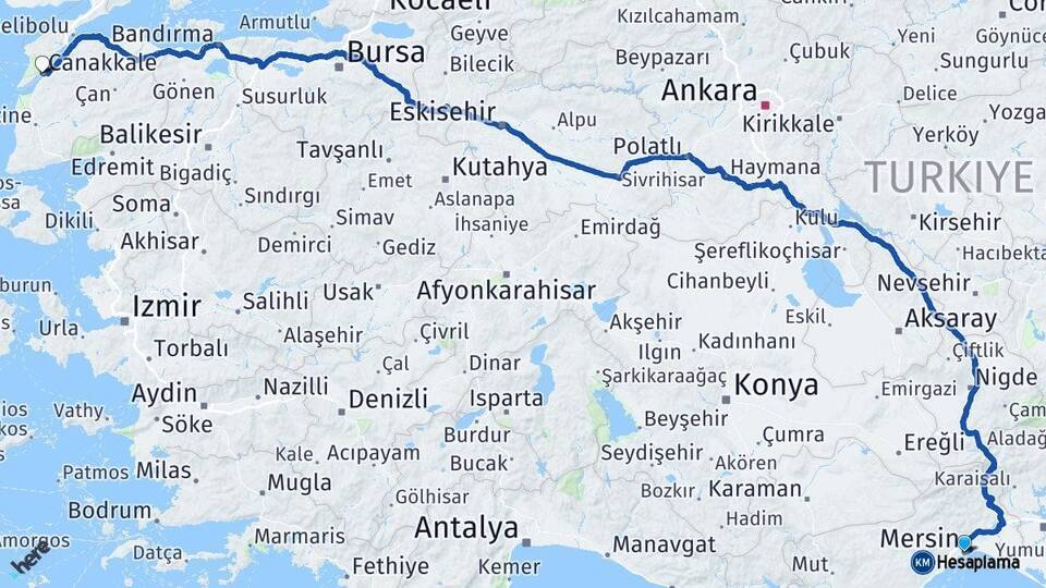 Mersin Akdeniz Çanakkale Arası Kaç Km - Yol Haritası