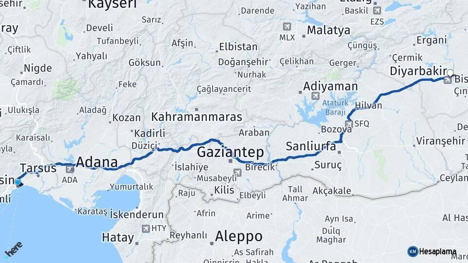 Mersin Akdeniz Diyarbakır Arası Kaç Km - Yol Haritası