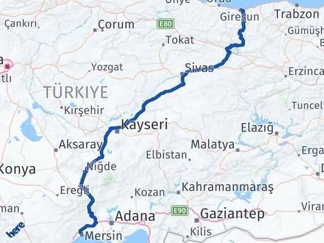 Mersin Akdeniz Giresun Arası Kaç Km - Yol Haritası