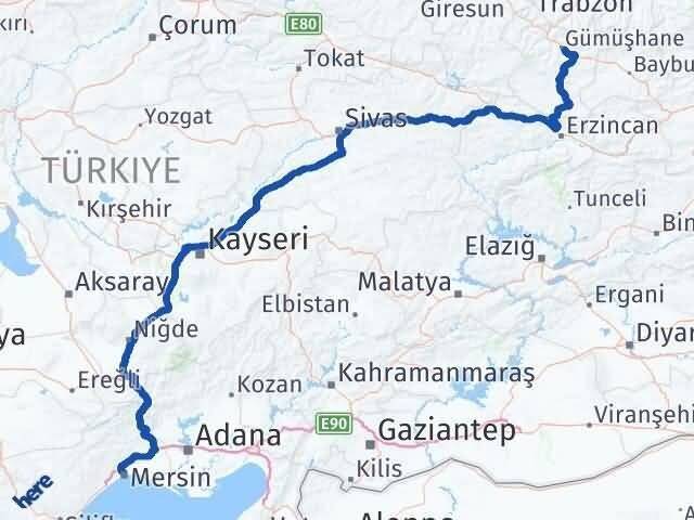 Mersin Akdeniz Gümüşhane Arası Kaç Km - Yol Haritası