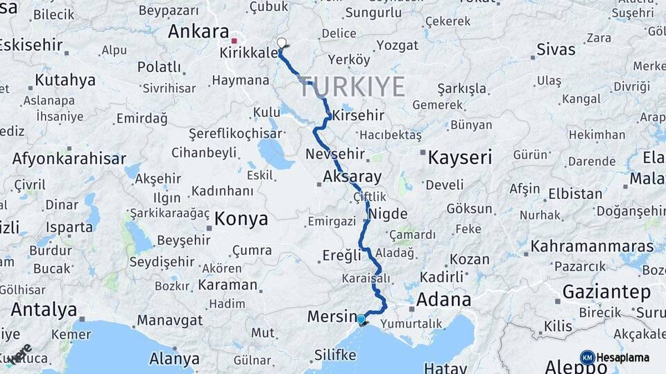 Mersin Akdeniz Kırıkkale Arası Kaç Km - Yol Haritası