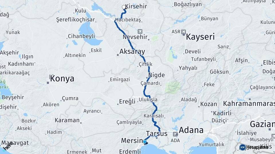 Mersin Akdeniz Kırşehir Arası Kaç Km - Yol Haritası