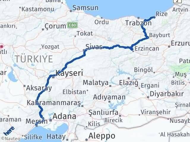 Mersin Akdeniz Rize Arası Kaç Km - Yol Haritası