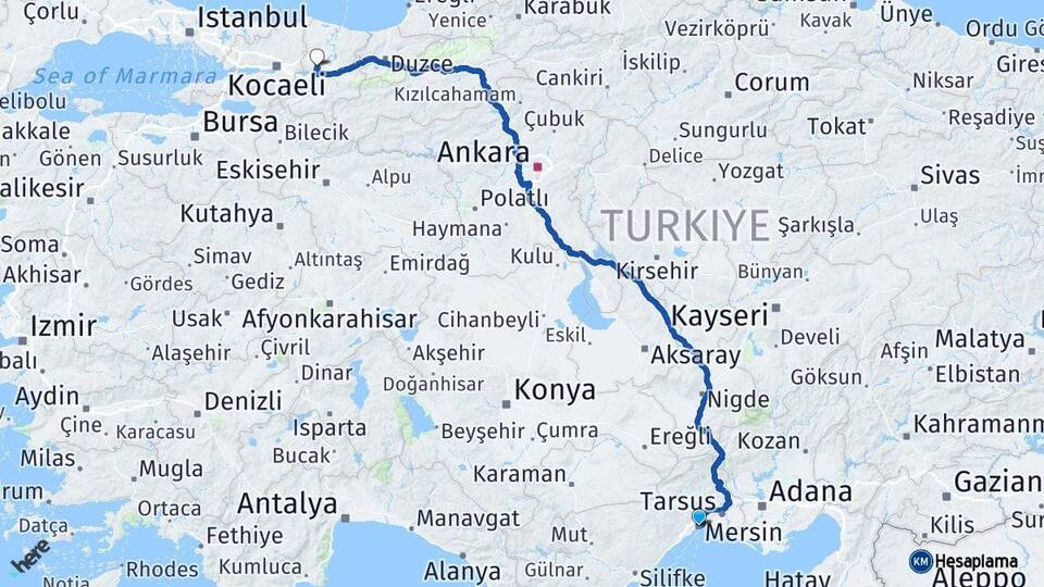 Mersin Akdeniz Sakarya Arası Kaç Km - Yol Haritası