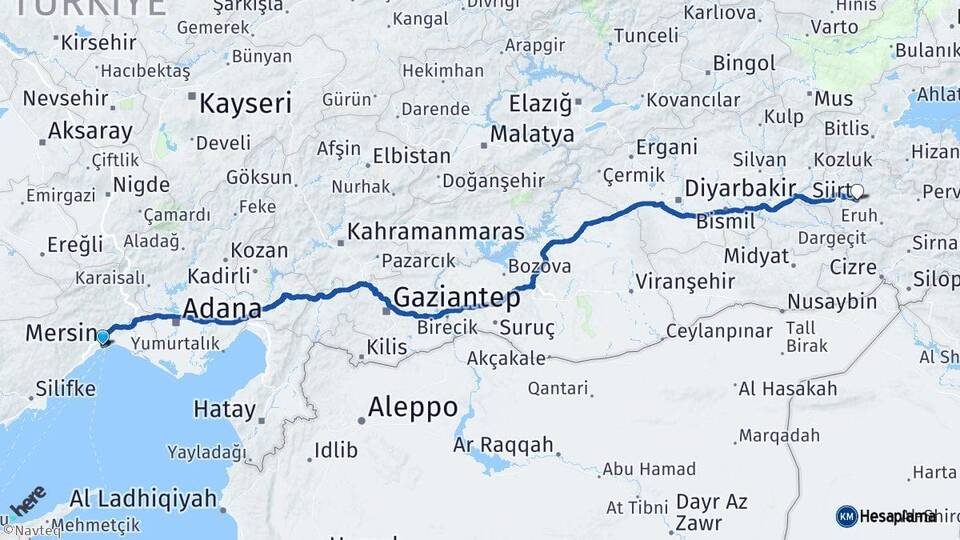 Mersin Akdeniz Siirt Arası Kaç Km - Yol Haritası
